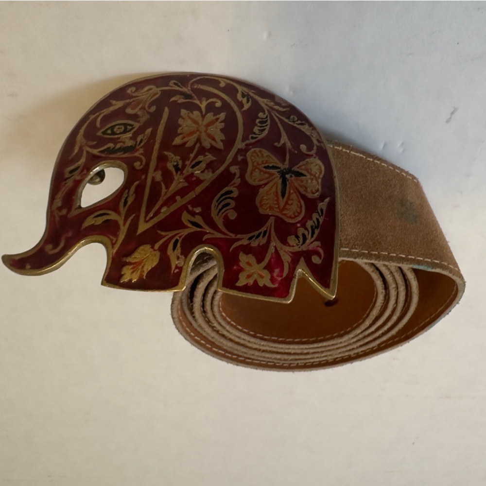 Golden Hands Lee Bernay Belt Elephant Buckle Leather Vintage Boho Art Designer